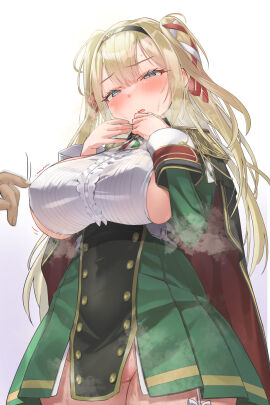 1boy 1girls aiguillette azur_lane black_cape blonde_hair blue_eyes blush breasts cape center_frills commentary_request covered_navel covered_nipples dress embarrassed epaulettes female frills garter_straps gorizia_(azur_lane) green_dress groin hair_between_eyes hair_ribbon hairband hands_up highres large_breasts light-skinned_female light-skinned_male light_skin long_hair long_sleeves male many_ankles_(kurubushi_no_katamari) nipple_tweak no_panties open_mouth pussy red_cape ribbon sardegna_empire_(azur_lane) shirt sideboob sidelocks simple_background solo_focus standing sweat two-sided_cape two-sided_fabric two_side_up white_background white_shirt