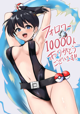 :d absurdres armpits arms_behind_head arms_up asymmetrical_hair belt big_breasts black_belt black_gloves black_hair black_one-piece_swimsuit blue_eyes blush breasts cosplay covered_navel creatures_(company) female fingerless_gloves game_freak gincha gloves gym_leader hair_between_eyes highleg highres holding holding_poke_ball kasumi_(pokemon) large_breasts long_hair looking_at_viewer navel nintendo one-piece_swimsuit open_mouth poke_ball poke_ball_(basic) pokemon ponytail short_hair side_ponytail smile solo swimsuit teeth the_electric_tale_of_pikachu thighs tongue twintails upper_teeth