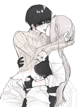 1boy 1girls arufido black_hair female femdom gentle_femdom gloves handjob kissing limited_palette male partially_clothed straight sweater turtleneck wholesome wholesome_sex