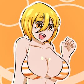 1girls alternate_breast_size artist_request big_breasts blonde_hair bra breasts cleavage don_quixote_(limbus_company) female large_breasts limbus_company looking_at_viewer project_moon short_hair smile yellow_eyes