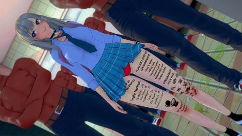 1girls 3d 3d_(artwork) anime anime_style bathroom blonde_hair body_writing dark-skinned_male dark_skin female goldieecchi gyaru human kitagawa_marin koikatsu male multiple_boys multiple_males skirt sono_bisque_doll_wa_koi_wo_suru tattoo toilet