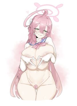 1girls ahoge antenna_hair bangs bangs_between_eyes blue_archive blush blush_lines bow_in_hair bowtie braid braided_hair breasts collar collar_only covering_breasts cross_earrings crucifix_earrings female green_eyes hair_between_eyes hair_bow hairbow halo hanako_(blue_archive) hands_making_heart heart heart_hands hearts large_breasts leebongchun long_hair looking_at_viewer make-up_work_club_(blue_archive) pink_bow pink_bowtie pink_hair pink_halo pussy pussy_pasty sailor_collar sidelocks smile smile_at_viewer smiling smiling_at_viewer solo trinity_general_school_student turtleneck very_long_hair white_background white_bow