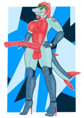 animal_genitalia animal_penis anthro balls big_penis breasts claws clothing equine_genitalia equine_penis feet fin fish footwear futanari genitals hi_res high_heels intersex kerchief machine marine nails nipples penis robot round_breasts shark sharp_teeth shoes solo tail teeth toe_claws twotusk yellow_eyes