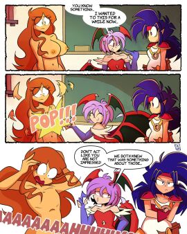 3girls breasts cartoon_physics clara_garcia crossover darkstalkers embarrassed fake_breasts female lilith_aensland meredith_(popfulblue) original original_character popfulblue tagme