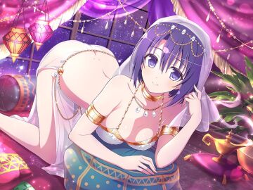 armpit_crease ass ass_crack back bare_arms bare_back bare_legs bare_shoulders bare_thighs blush body_blush bra breasts butt_crack circlet cleavage clothing collarbone crossover cushion dancer dimples_of_venus female gold_armlet hair_ornament harem_outfit jewelry median_furrow medium_breasts neck_ring night official_art pelvic_curtain pillow purple_hair revealing_clothes sairenji_haruna senran_kagura senran_kagura_new_link shiny_skin short_hair smile thighs to_love-ru underwear veil white_bra white_veil yaegashi_nan