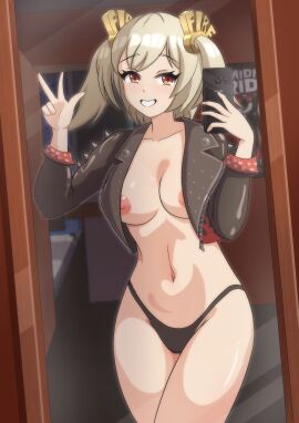 absurdres black_jacket black_panties blonde_hair breasts burnice_white female hair_ornament highres holding holding_phone jacket large_breasts mirror navel nipples oxicmar panties phone red_eyes selfie short_hair smile solo stomach thighs twintails underwear w zenless_zone_zero