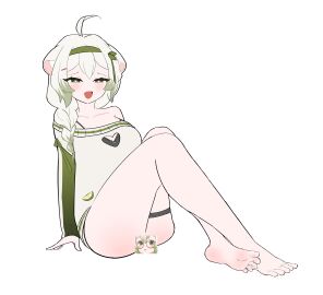 animal_ears ass bare_shoulders barefoot bottomless braid censored dbd_nugget feet female ferret ferret_girl green_eyes green_highlights hair_ornament hairband hairclip heart-shaped_pupils indie_virtual_youtuber laimu lime looking_at_viewer off_shoulder open_mouth sitting smug suggestive sweater thick_thighs thigh_strap thighs twitch virtual_youtuber vtuber white_hair