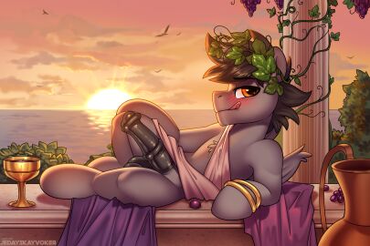 2025 3:2 alcohol alternate_version_at_source ambient_bird animal_genitalia animal_penis beverage black_hair blush clothed clothed_feral clothing container cup equid equine equine_genitalia equine_penis fan_character feral food fruit genitals glistening glistening_genitalia glistening_penis goblet grape grey_body hair hasbro hi_res jedayskayvoker looking_at_viewer male mammal medial_ring my_little_pony mythological_creature mythological_equine mythology orange_eyes pegasus penis plant seductive solo toga vectored_thrust_(character) wine wings