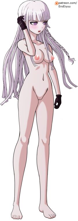artist_name bare_arms bare_hips bare_legs bare_shoulders bare_stomach barefoot black_gloves blush braid braided_ponytail breasts collarbone danganronpa danganronpa:_trigger_happy_havoc danganronpa_(series) eroeiyuu eyebrows eyelashes female female_focus full_body functionally_nude gloves hand_up highres kirigiri_kyouko leather leather_gloves matching_hair/eyes medium_breasts navel nipples nude nude_filter official_art patreon_username purple_eyes purple_hair pussy signature simple_background solo solo_focus standing teeth third-party_edit transparent_background upper_teeth