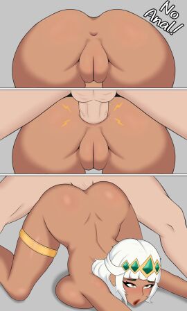 1boy 1girls ahe_gao anal anal_sex anus anus_peek ass ass_focus ass_up breasts brown_eyes dark-skinned_female dark_skin english_text face_down face_down_ass_up female forced_anal huge_ass huge_breasts huge_thighs interracial league_of_legends male pussy qiyana_yunalai riot_games scarabeo scarabeo_k thick_ass thick_thighs white_hair white_skin