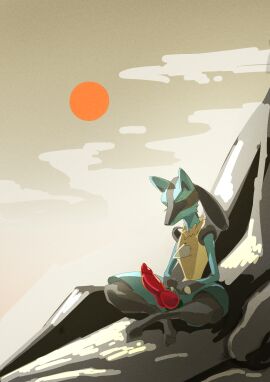 animal_genitalia animal_penis blue_fur furry furry_male furry_only lucario male male_focus male_only penis pokemon pokemon_(species) schorl sitting solo solo_focus theschörl