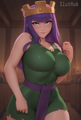 ai_generated archer_queen_(clash_royale) blue_eyes clash_(series) clash_of_clans clash_royale crown dancing dress large_breasts milf purple_hair supercell tagme tavern thick_thighs tight_clothing tight_dress video