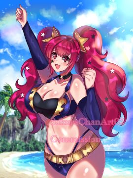 1girls :d alluring arm_up bare_shoulders beach big_breasts bikini black_choker blue_sky choker clenched_hand cloud commission cowboy_shot day facial_mark fire_emblem fire_emblem_engage hand_up high_res intelligent_systems long_hair navel nintendo ocean official_alternate_costume open_mouth palm_tree red_eyes red_hair sakurachanart02 sky smile standing star_(symbol) stomach swimsuit tree very_long_hair water watermark yunaka_(fire_emblem)