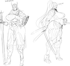 2girls armored_female breasts elden_ring elden_ring_nightreign executor_(nightreign) female fromsoftware genderswap heels high_heels huge_breasts katana rule_63 sketch sunnysundown sword tagme wide_hips winged_helmet wip wylder_(nightreign)