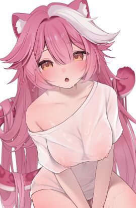 animal_ear_fluff animal_ears bangs blush bottomless breasts brown_eyes collarbone covered_nipples eyebrows_visible_through_hair female hair_between_eyes hololive large_breasts long_hair looking_at_viewer naked_shirt nipples no_bra off_shoulder open_mouth pink_hair raora_panthera see-through shirt short_sleeves solo striped striped_background t-shirt tail very_long_hair wet wet_clothes wet_shirt white_background white_shirt