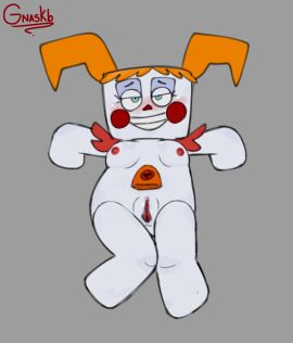 baby_(fnafsl) blush breasts circus_baby circus_baby_(fnaf) eyes_half_open female female_only five_nights_at_freddy's five_nights_at_freddy's:_help_wanted five_nights_at_freddy's:_sister_location gnaskb lying_on_back nipples orange_hair pigtails plush_baby plushie plushophilia pussy qwhite_body simple_background small_breasts smiling solo solo_female tits tits_out twintails