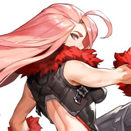 back back_cutout back_view backboob backless_bodysuit bare_shoulders battle_suit battlesuit beast_hunter_(last_origin) big_eyebrows bodysuit breasts color female female_focus female_only from_behind fur_trim game_cg hair_tuft kakiman last_origin long_hair looking_at_viewer medium_breasts pink_hair sleeveless sleeveless_bodysuit thick_eyebrows transparent_background upper_body viewed_from_behind weapon yellow_eyes