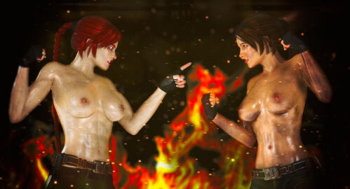 2girls 3d breasts brown_hair doppelganger_(tomb_raider) female fingerless_gloves fire gloves lara_croft medium_breasts nudality nudality_(artist) ponytail red_hair tomb_raider topless