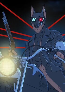 2024 4_fingers abs alternate_species animal_genitalia anthro athletic athletic_anthro athletic_male balls black_body black_fur black_nose brown_body brown_fur canid canine canis clothing colonel_lazuli cybernetics cyborg dobermann domestic_dog exposed_endoskeleton eyewear fingers fur furrification genitals glowing glowing_eyes gun hi_res humanoid_hands jacket leather leather_clothing leather_jacket leather_topwear machine male mammal mostly_nude mostly_nude_anthro mostly_nude_male motorcycle multicolored_body multicolored_fur pinscher ranged_weapon sheath shotgun signature solo sunglasses t-800_series_(terminator) terminator_(franchise) terminators_(terminator) the_terminator_(terminator) topwear two-tone_body two-tone_fur vehicle weapon