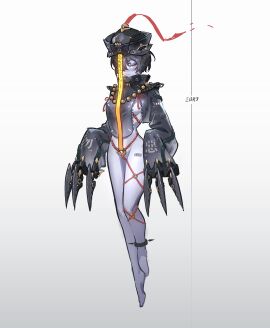 barcode barcode_tattoo big_breasts black_hair bondage breasts claws eor79 female hair_over_one_eye jiangshi long_sleeves oc one_eye_covered purple_skin simple_background talisman underboob zombie zombie_girl