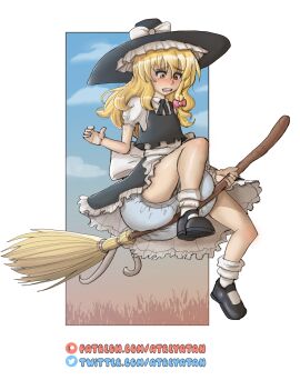 abdl adult_baby atreyatan blush diaper diaper_fetish diaper_under_clothing diapered embarrassed female humiliation marisa_kirisame padded touhou witch witch_costume witch_hat