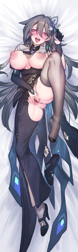 absurdres asymmetrical_clothes bar_censor black_footwear black_thighhighs blush breasts breasts_out censored chinese_commentary commentary_request female from_above full_body grey_hair high_heels highres honkai_(series) honkai_impact_3rd knee_up large_breasts long_hair lying nipples on_back open_mouth pussy red_eyes shoes single_pantsleg single_shoe single_thighhigh solo spread_pussy spreading_own_pussy thighhighs tongue tongue_out very_long_hair vita_(honkai_impact) wu-qiao