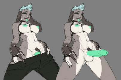 anthro athletic balls blue_hair bottomwear bracelet breasts brown_body clothing dianaslippers ear_piercing ear_ring furgonomics furry-specific_piercing futanari genitals green_nipples green_penis grey_background hair hands_on_hips harness intersex jewelry lagomorph leporid long_tongue looking_down mammal nipple_piercing nipples oral pants penis piercing pubes rabbit rabbit_ears ring ring_piercing sex short_hair simple_background slim solo tongue tongue_out tonguejob white_body