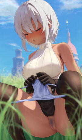 absurdres bare_shoulders black_gloves black_thighhighs blue_panties blue_sky blush borrowed_character breasts closed_eyes cloud commentary_request commission dark-skinned_female dark_skin day female female_pubic_hair gloves grass grey_pubic_hair highres large_breasts original outdoors panties panty_pull pubic_hair pussy short_hair skeb_commission sky sleeveless sleeveless_sweater sweater tan tansui_san_(tcjp4784) thighhighs underwear white_hair white_sweater