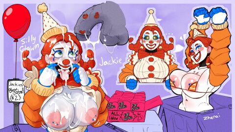 1girls after_fellatio after_sex animatronic areola_slip areolae balloon big_areola big_breasts bikini bikini_top black_sclera blush bowtie braided_hair breasts breasts_out button_down_shirt buttons clown clown_girl condom condom_wrapper cum cum_drip cum_on_breasts cum_on_face disembodied_penis ear_piercing earrings fellatio female finger_in_mouth finger_play fingers five_nights_at_freddy's five_nights_at_freddy's:_secret_of_the_mimic gloves green_eyes grin jack-in-the-box jackie_(fnaf) kiss_mark light-skinned_female light_skin lipstick lipstick_mark lipstick_on_penis makeup male micro_bikini neck_ruff nipple_piercing nipples open_mouth open_shirt oral oral_sex orange_eyes orange_hair pale-skinned_female pale_skin party_hat penis pierced_nipples piercing robot robot_girl silly smile smiling straight stretching striped_bikini the_mimic_(fnaf) tongue tongue_out twintails veiny_penis zhenai