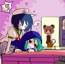 1futa 1girls anchor_symbol animal_ears apple ayuki_(47881314) baguette bent_over black_eyes blue_hair blue_hood blush bread closed_eyes colored_skin commentary_request cookie_(touhou) counter cowboy_shot female flour_(cookie) food fruit futa_on_female futa_with_female futanari grey_hair grey_skirt grey_vest hat heart highres hood hood_up humping intersex kumoi_ichirin light-skinned_female light-skinned_futa light_skin long_sleeves mandarin_orange milk_(cookie) minamitsu_murasa mouse_ears mouse_girl mouse_tail multiple_females multiple_girls murasa_minamitsu nazrin nyon_(cookie) open_mouth pink_background red_eyes shirt short_hair skirt skirt_set standing tail touhou unamused vest walk-in white_hat white_shirt white_skin yuri