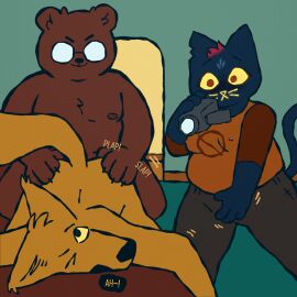 anal angus_delaney anthro bear blush blush_lines camera canid canine clothed clothed_masturbation clothing domestic_cat duo eyewear felid feline felis female fox gay_to_bisexual gay_with_woman glasses gregg_lee hi_res mae_borowski male male/male male_penetrated male_penetrating male_penetrating_male mammal moan night_in_the_woods nipple_outline nipples nude orientation_play overweight overweight_male penetration recording sex sexylinguini slightly_chubby sound_effects text video_camera voyeur