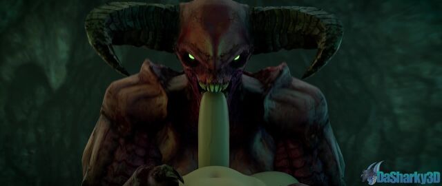 1boy 1girls 3d animated baron_of_hell_(doom) dasharky3d deepthroat demon demon_girl demon_horns doom fellatio looking_at_viewer pov tagme video