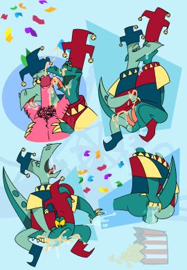 2_penises amusement_ride anal anal_fingering anthro balls bell black_eyes blazing_dragons bodily_fluids body_hair bottomless bottomless_anthro bottomless_male cheek_bulge cinder_(blazing_dragons) claws clinker_(blazing_dragons) closed_eyes clothed clothing clothing_lift confetti cum cum_in_mouth cum_inside cum_on_face cum_on_penis cum_splatter cum_string cumshot deep_throat detailed_background diphallia diphallism disembodied dragon drinking drinking_cum duo ejaculation erect_tail erection fellatio ferris_wheel finger_claws fingering food fool's_hat genital_fluids genitals half-closed_eyes hat headgear headwear hi_res holding_mouth holding_mouth_shut human hwantsarts jester kissing leg_hair leg_lick licking looking_pleasured male mammal masturbation multi_genitalia multi_penis multicolored_body multicolored_scales mythological_creature mythological_scalie mythology narrowed_eyes navel nelvana open_mouth oral oral_masturbation oral_penetration orgasm orgasm_face penetration penile penis penis_lick pink_body popcorn popcorn_bucket pubes raised_tail saliva saliva_string scales scalie sex shirt shirt_lift signature sitting spread_legs spreading sucking tail teal_body teal_scales tongue topwear two-tone_body two-tone_scales yelling yellow_sclera