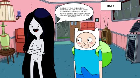 1boy adventure_time backpack bag black_hair blush breasts casual casual_nudity clothing completely_nude crossed_arms dialogue duo duo_focus erection erection_under_clothes exhibitionism fangs female finn_the_human grey_skin human indoors lincylover_(artist) long_hair looking_at_another male marceline nipples no_nut_november nude nude_female nude_female_clothed_male nudist nudity pale_skin pussy standing vampire vampire_girl