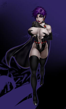 1girls adult adult_female big_breasts black_armwear black_bridal_gauntlets black_cape black_choker black_elbow_gloves black_heels black_latex black_latex_armwear black_latex_elbow_gloves black_latex_thong_leotard black_leotard black_stockings breasts bridal_gauntlets cape choker cleavage commission dc dc_comics earring elbow_gloves female female_only forehead_jewel goth goth_girl grey-skinned_female grey_skin heels holding_breasts huge_breasts latex_armwear latex_elbow_gloves latex_leotard leotard megaween purple_eyes purple_hair rachel_roth raven_(dc) red_earrings revealing_clothes short-haired_female short_hair short_purple_hair sleeveless_leotard solo solo_female sorceress stockings teen_titans thong_leotard voluptuous voluptuous_female walking witch