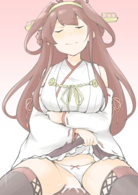 1boy 1girls after_ejaculation after_sex after_vaginal akara_kai boots breasts brown_footwear brown_hair closed_eyes clothing_aside female headgear highres kantai_collection knee_boots kongou_(kantai_collection) large_breasts long_hair male male/female nontraditional_miko panties panties_aside pussy simple_background solo_focus straight underwear white_panties