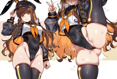 absurdres adapted_costume animal_ears black_hat black_jacket black_thighhighs blush breasts brown_eyes brown_hair cameltoe covered_navel ebora fake_animal_ears fate/grand_order fate_(series) female hat highres jacket kishinami_hakuno_(female) kishinami_hakuno_(female)_(mooncancer) leotard long_hair looking_at_viewer rabbit_ears sidelocks solo split standing standing_on_one_leg standing_split thighhighs v