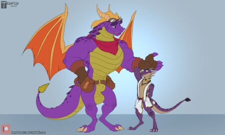 activision animal_genitalia anthro armlet balloonist_spyro balls belt belt_pouch biceps bottomwear clothing collar digitigrade dragon duo erection erection_under_clothing eyewear eyewear_on_head fingerless_gloves flaccid frill_(anatomy) genitals gloves goggles goggles_on_head hand_behind_head hand_on_hip handwear hi_res horn jewelry kerchief kobold leather leather_clothing leather_gloves leather_handwear loincloth looking_at_another looking_at_genitalia looking_at_penis male male/male multicolored_body muscular muscular_anthro muscular_male mythological_creature mythological_scalie mythology neck_spikes neckerchief necklace penis pronounced_browridge purple_body robe scalie sheath simple_background size_difference smile spyro spyro_the_dragon standing tenaflux two-tone_body varian_(alcitron) wings