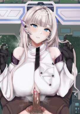 1boy 1girls bare_shoulders black_gloves blue_eyes blunt_bangs breasts brown_pants cecil_(nikke) clothed_paizuri commander_(nikke) cum detached_sleeves ejaculation female goddess_of_victory:_nikke headgear huge_breasts long_hair looking_at_viewer lowres male no_bra paizuri pov pubic_hair semen shironoharuka silver_hair straight