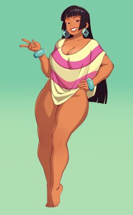 1girls 2d 2d_(artwork) bangs barefoot big_breasts black_hair breasts brown_eyes brown_skin chel chel_(beta) chel_(the_road_to_el_dorado) color earrings female hand_on_hip latina lips long_hair naked_poncho pinup poncho poncho_only shirt_only simple_background sitrusimp standing striped_clothing suggestive_look tagme the_road_to_el_dorado thick_thighs tiptoes v_sign