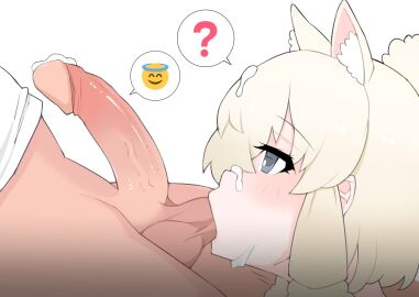 1boy ? alpaca_ears alpaca_girl alpaca_suri_(kemono_friends) animal_ear_fluff animal_ears balls balls_sucking blonde_hair blush commentary_request cum erection facial female grey_eyes hair_between_eyes highres horizontal_pupils kemono_friends long_bangs looking_at_another male ollie_(ollie_stratos) open_mouth oral penis short_hair simple_background solo_focus spoken_emoji spoken_question_mark straight uncensored white_background
