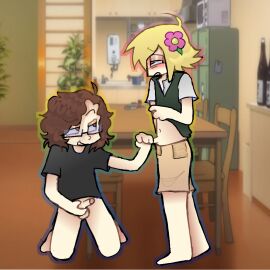 basil_(omori) blonde_hair bottomless boy_on_boy brown_hair femboy gay gay_sex handjob male masturbation mightymoose moose6778 nerd nerdy_male no_socks omori pulling_down_pants twink