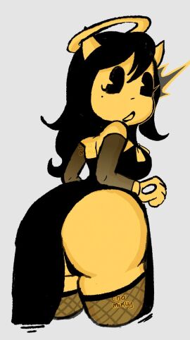 1girls alice_angel ass bangs bendy_and_the_ink_machine big_ass black_dress black_hair black_panties chamiku dress female horn horns long_hair looking_at_viewer looking_back pac-man_eyes panties surprised thighhighs yellow_body