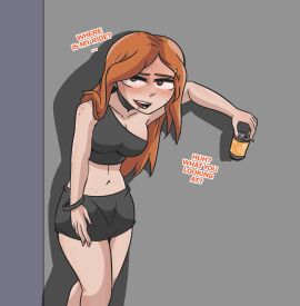 beer beer_can bracelet breasts brown_eyes choker drunk earrings english_text female fully_clothed long_hair orange_hair original_character rattminded skirt text tubetop zoe_(rattminded)