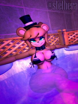 1girls 3d bear big_breasts bikini blue_eyes breasts brown_body brown_fur brown_hair cally3d cryptiacurves fazclaire's_nightclub female female_focus five_nights_at_freddy's freddy_(fnaf) fredina's_nightclub fredina_(cally3d) frenni_(cryptia) frenni_fazclaire hat highres pole smiling solo stefhera swimsuit tagme yellow_eyes