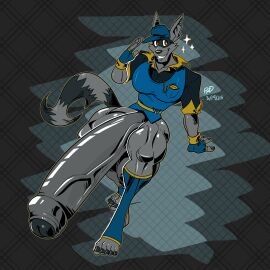 2025 abstract_background anthro athletic balls big_penis black_clothing black_shirt black_topwear blue_clothing blue_topwear blue_vest clock clothed clothing footwear_without_bottomwear foreskin fur furry_tail genitals glans gloves grey_body grey_fur handwear hat headgear headwear hi_res huge_cock hyper hyper_genitalia hyper_penis male mammal markings muscular muscular_thighs pantsless penis pocketwatch procyonid raccoon rxq shirt signature sly_cooper sly_cooper_(series) smile solo sony_corporation sony_interactive_entertainment striped_markings striped_tail stripes sucker_punch_productions tail tail_markings topwear vein veiny_penis vest watch