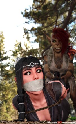 2girls 3d baldur's_gate_3 black_hair bondage bound clothed_bondage female female_only fully_clothed fully_clothed_female gagged goblin goblin_female red_hair rendereddefenseless sazza shadowheart