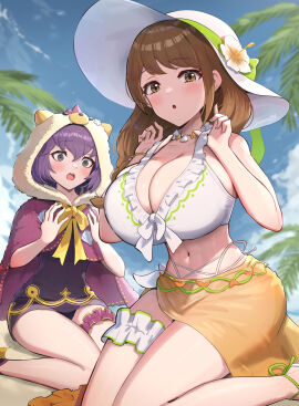 2girls :o abs absurdres adjusting_clothes adjusting_swimsuit alternate_costume beach bernadetta_von_varley bernadetta_von_varley_(summer) bikini black_swimsuit blush braid braided_ponytail breast_envy breasts bridal_garter brown_hair cleavage female female_only fire_emblem fire_emblem:_three_houses fire_emblem_engage fire_emblem_heroes flower flower_hat frilled_bikini frills front-tie_top goldmary_(fire_emblem) gonzarez grey_eyes hair_between_eyes halterneck hands_up hat highres hood huge_breasts large_breasts long_hair looking_at_viewer mole mole_on_breast multiple_females multiple_girls narrowed_eyes navel nintendo ocean official_alternate_costume one-piece_swimsuit open_mouth purple_hair sarong sitting skindentation sky strap_pull swept_bangs swimsuit thigh_strap thighs white_bikini white_flower white_hat white_swimsuit