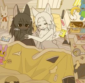 2girls animal_ears bed black_body black_fur bra breasts bunny_(toy_story) butt_plug closed_eyes closed_mouth doremifaso64 female female_focus female_only furry furry_female furry_with_furry glitch_productions gooseworx heart heart-shaped_pupils highres indoors interlocked_fingers jax_(the_amazing_digital_circus) lying medium_hair mike_no_hito multiple_females multiple_girls on_back on_bed original panties phone phonograph pixar plushie rabbit_ears rabbit_tail remote_control_vibrator sex_toy socks symbol-shaped_pupils tail the_amazing_digital_circus tongue tongue_out toy_story toy_story_4 trash_can under_covers underwear unworn_panties unworn_shirt unworn_socks uwu vibrator white_body white_fur white_socks yuri