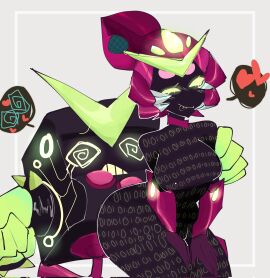 1girls 8-bit_(brawl_stars) 8-bit_virus_(brawl_stars) binary_code black_body brawl_stars breasts charlie_(brawl_stars) dazed female green_eyes heart heart_symbol humanoid robot sitting sitting_on_lap smile swirly_eyes virus_charlie_(brawl_stars) wikomybubu